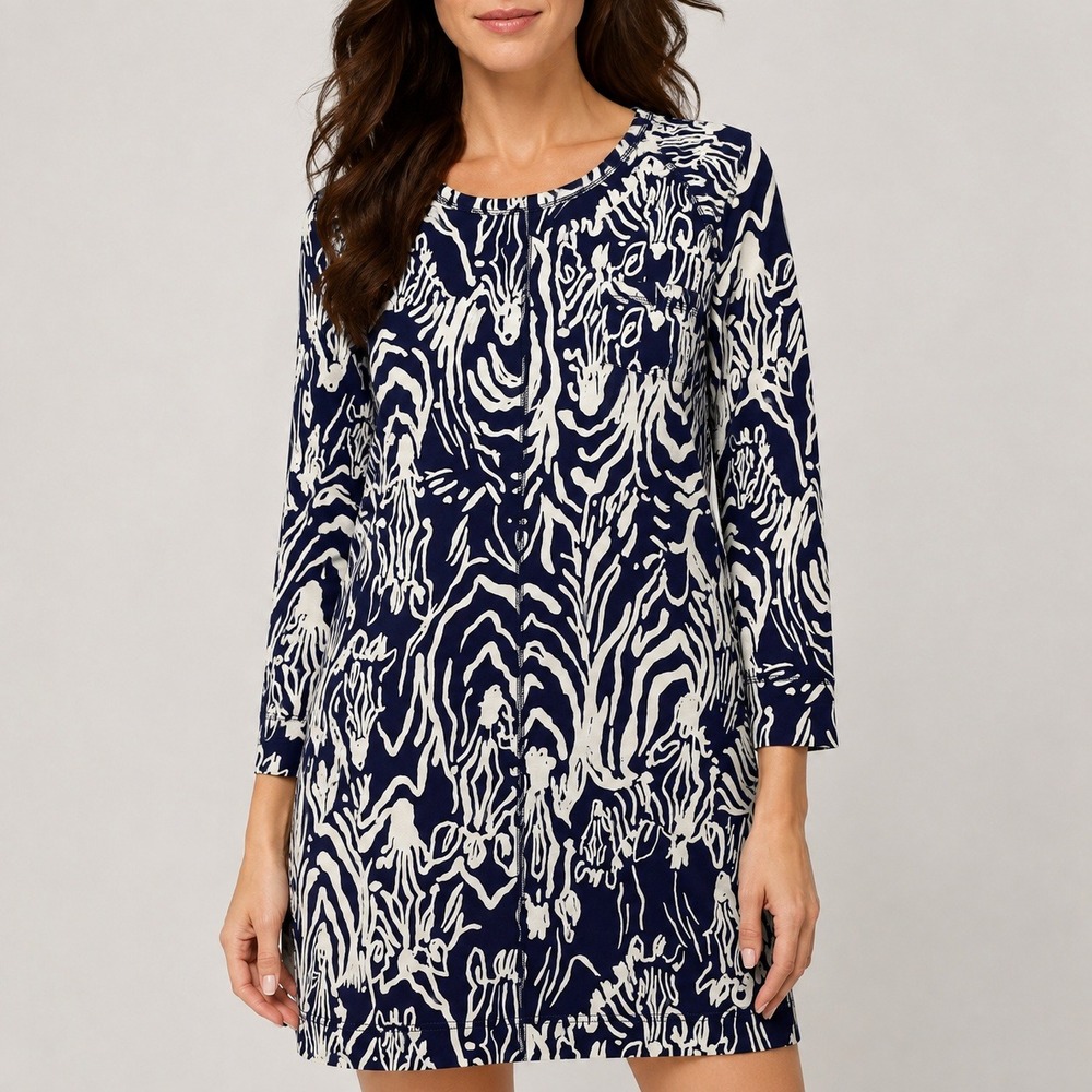 Lilly Pulitzer‎ Navy Blue White Zebra Print Long Sleeve Pocket Shift Dress XXS